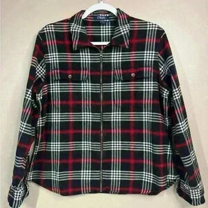 Chaps black red white plaid zip up flannel shirt jacket shacket size XL petite